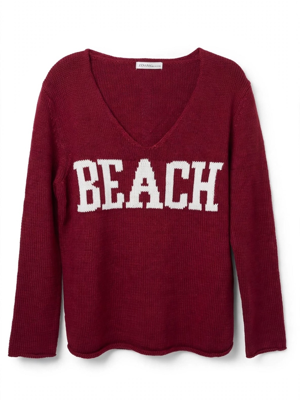Zenana Outfitters Burgundy V-Neck Sweater with White 'BEACH' Graphic